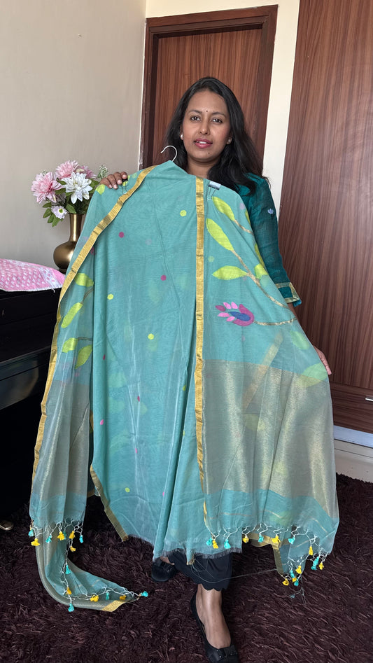 Firozi Shade Pure Handloom Resham Muslin 2 pc Set