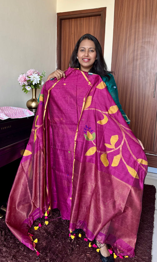 Margenta Pink Shade Pure Handloom Resham Muslin 2 pc Set