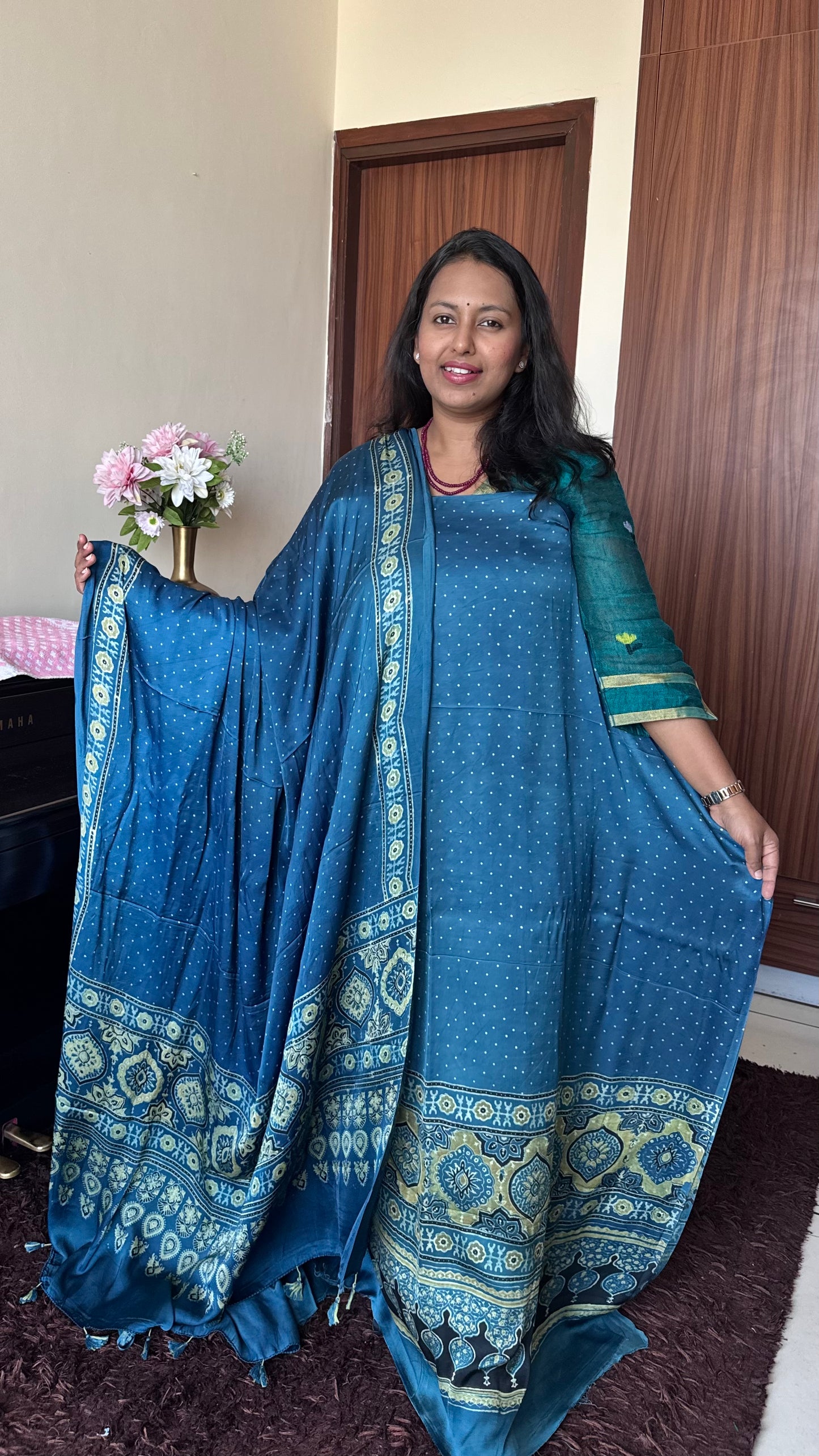 Indigo Polka Badaam Motif Modal Silk Ajrakh Hand Block 2 pc Suit Set with Modal Silk Dupatta