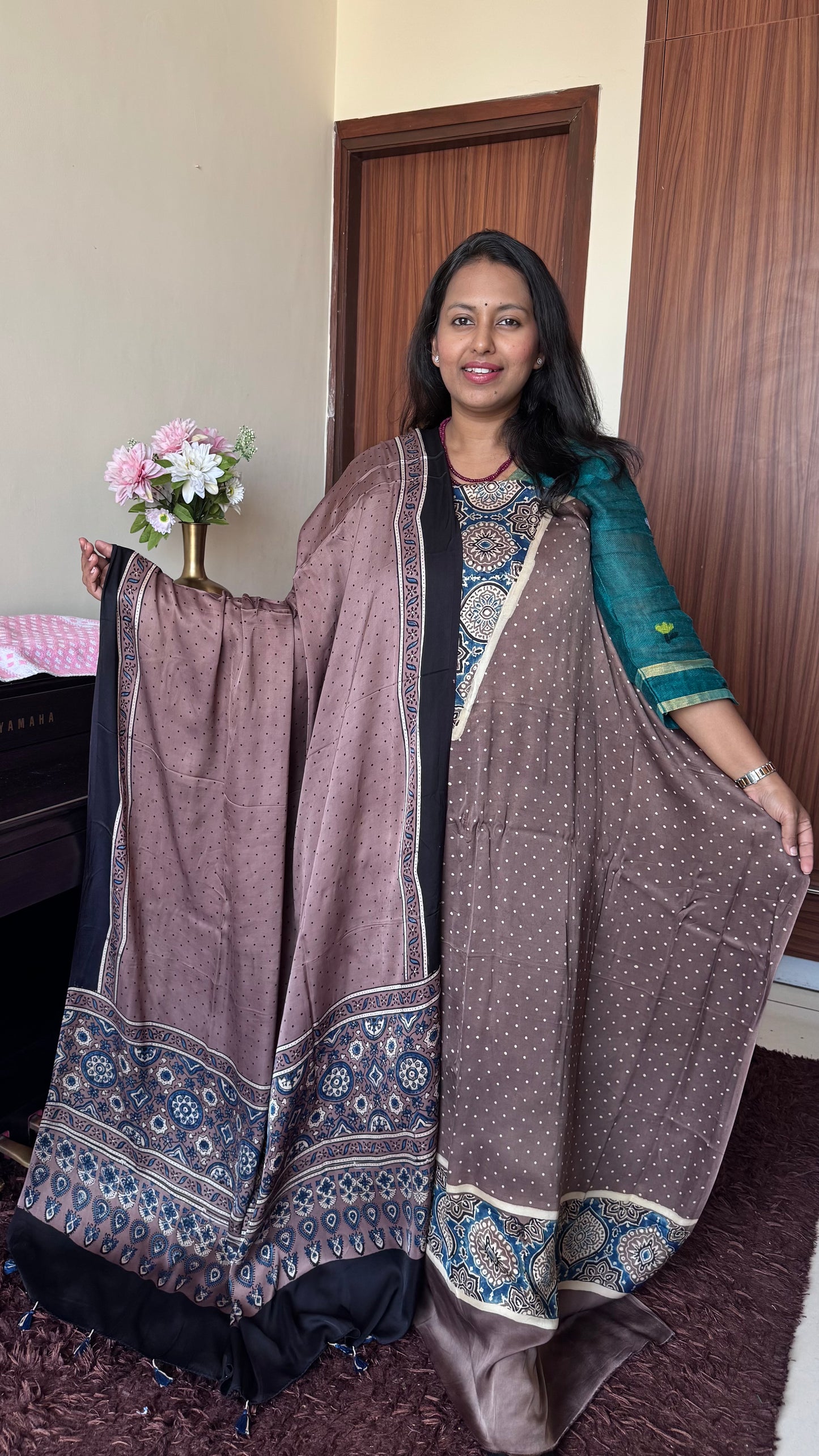 Rasin Shade Polka Motif V Yoke Modal Silk Hand Block Print 2pc Suit Material