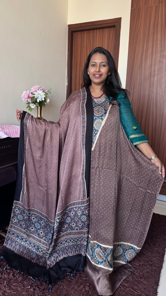Rasin Shade Polka Motif V Yoke Modal Silk Hand Block Print 2pc Suit Material