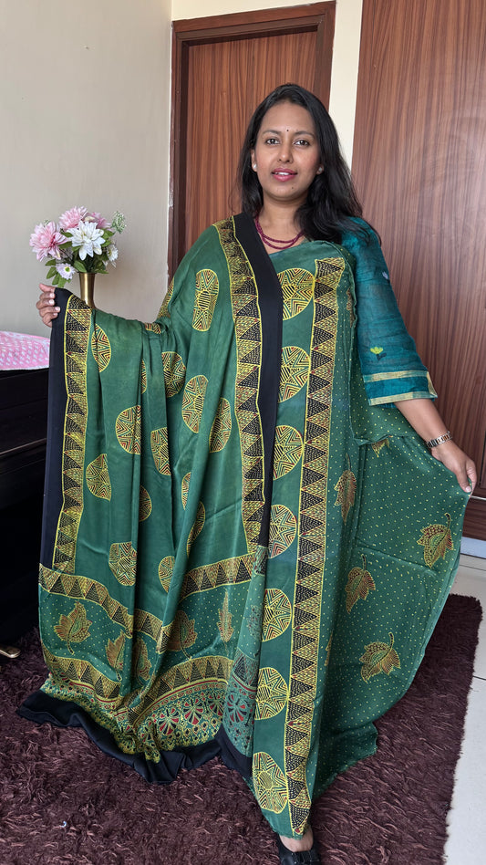 Green Big Circle Geometric Motif Modal Silk Hand Block Print 2pc Suit Material