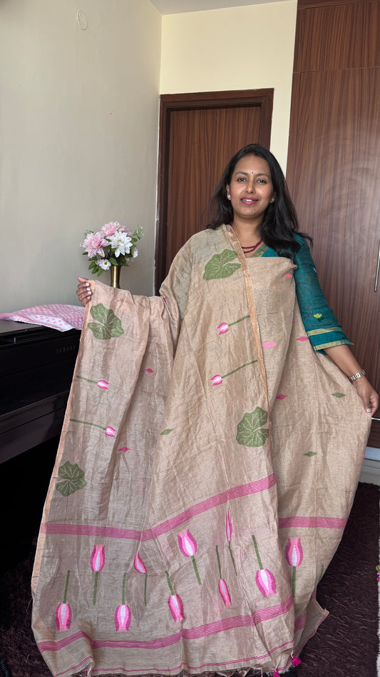 Badaami Shade Pure Handloom Resham Muslin 2 pc Set