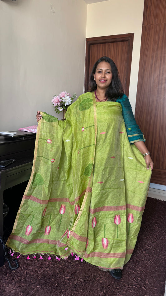 Parrot Green Shade Pure Handloom Resham Muslin 2 pc Set