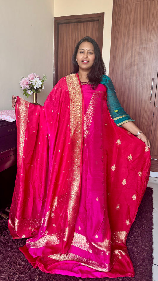 Red and Rani Pink Dola Silk 3pc Suit Set with Zari Yoke/Dupatta and Matching Lower