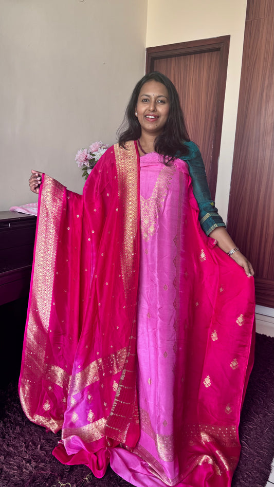 Red and Pink Dola Silk 3pc Suit Set with Zari Yoke/Dupatta and Matching Lower