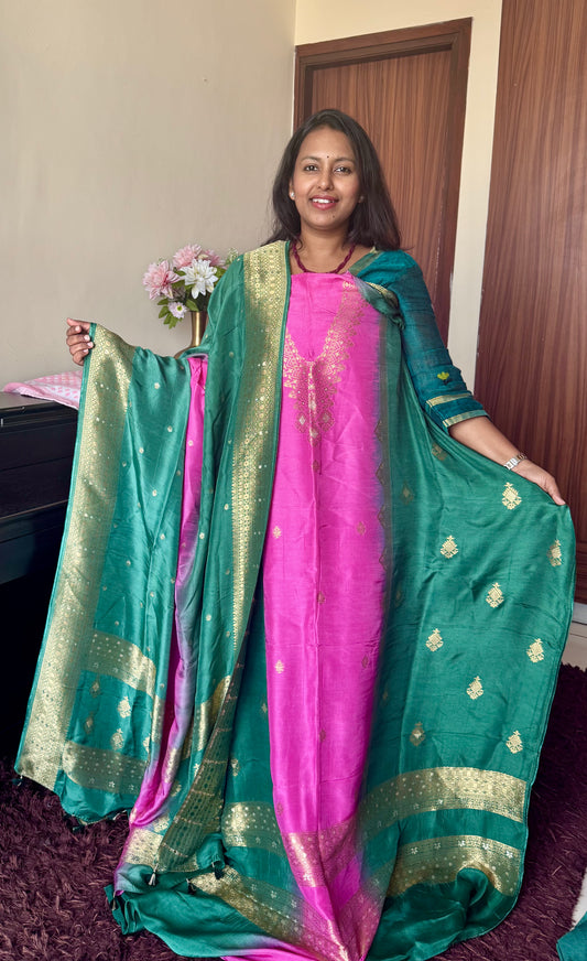 Green and Pink Dola Silk 3pc Suit Set with Zari Yoke/Dupatta and Matching Lower