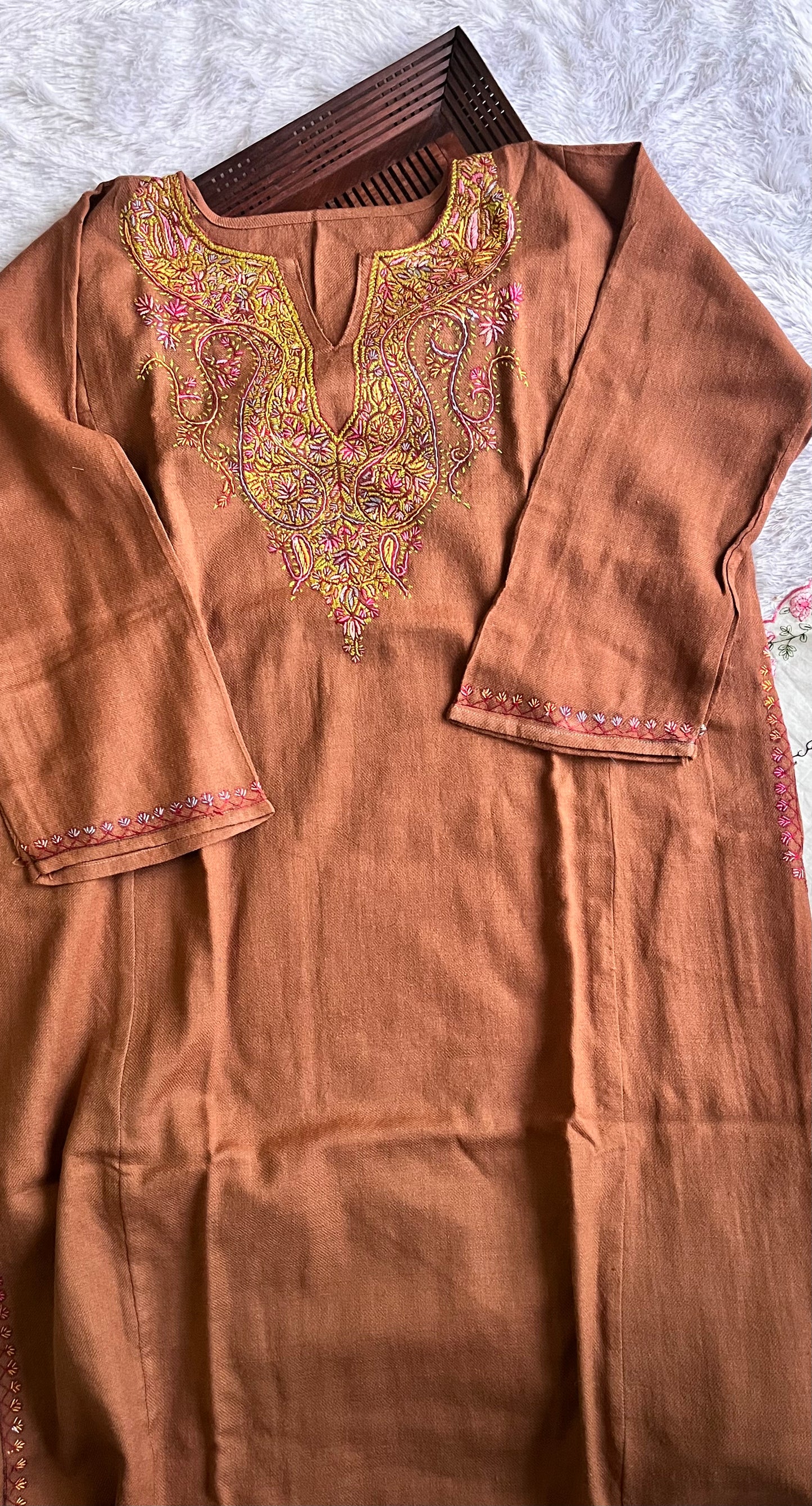 Tan Shade Sozni Embroidery Kashmiri Merino Wool Pheran with Pockets