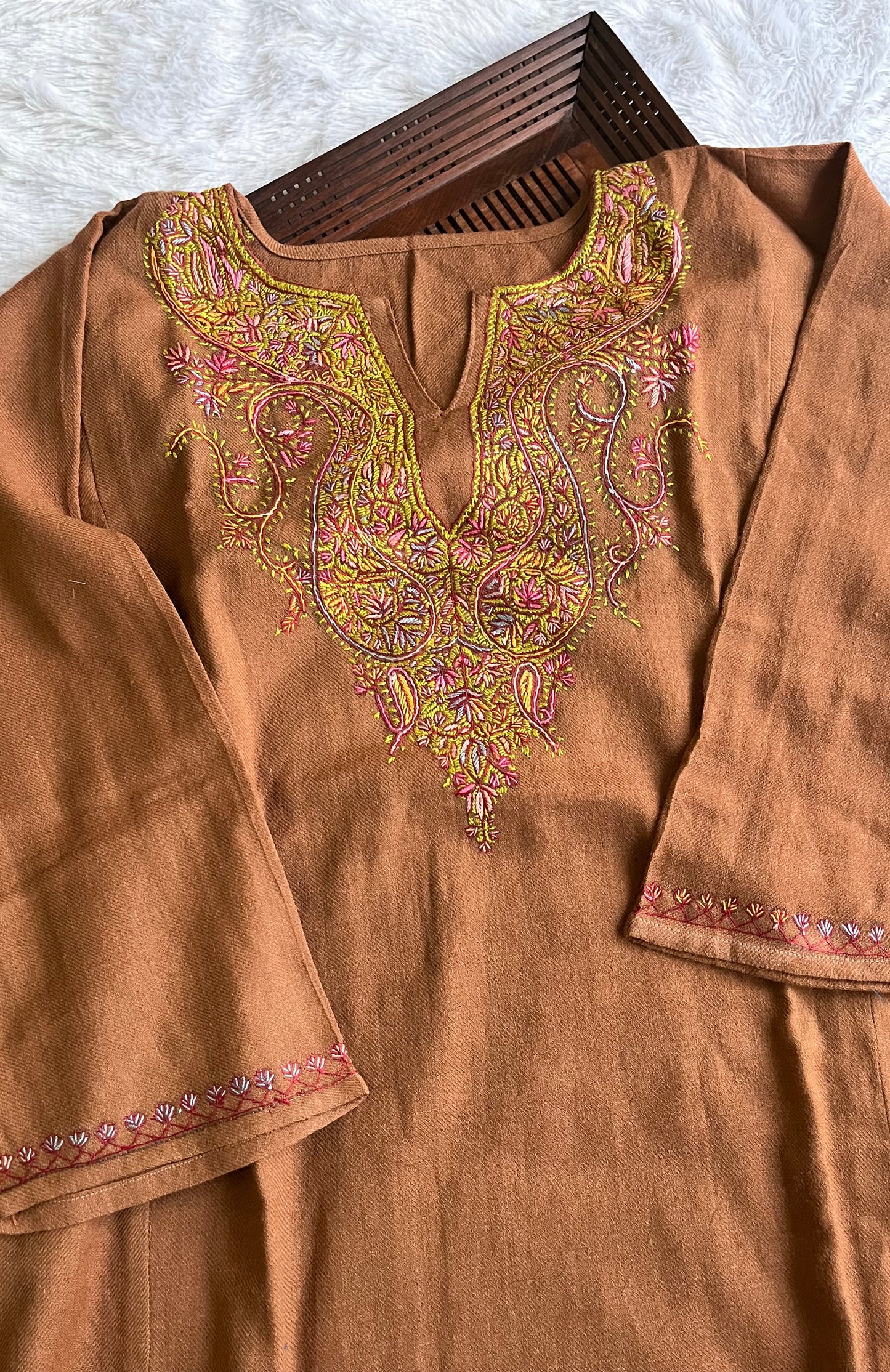 Tan Shade Sozni Embroidery Kashmiri Merino Wool Pheran with Pockets