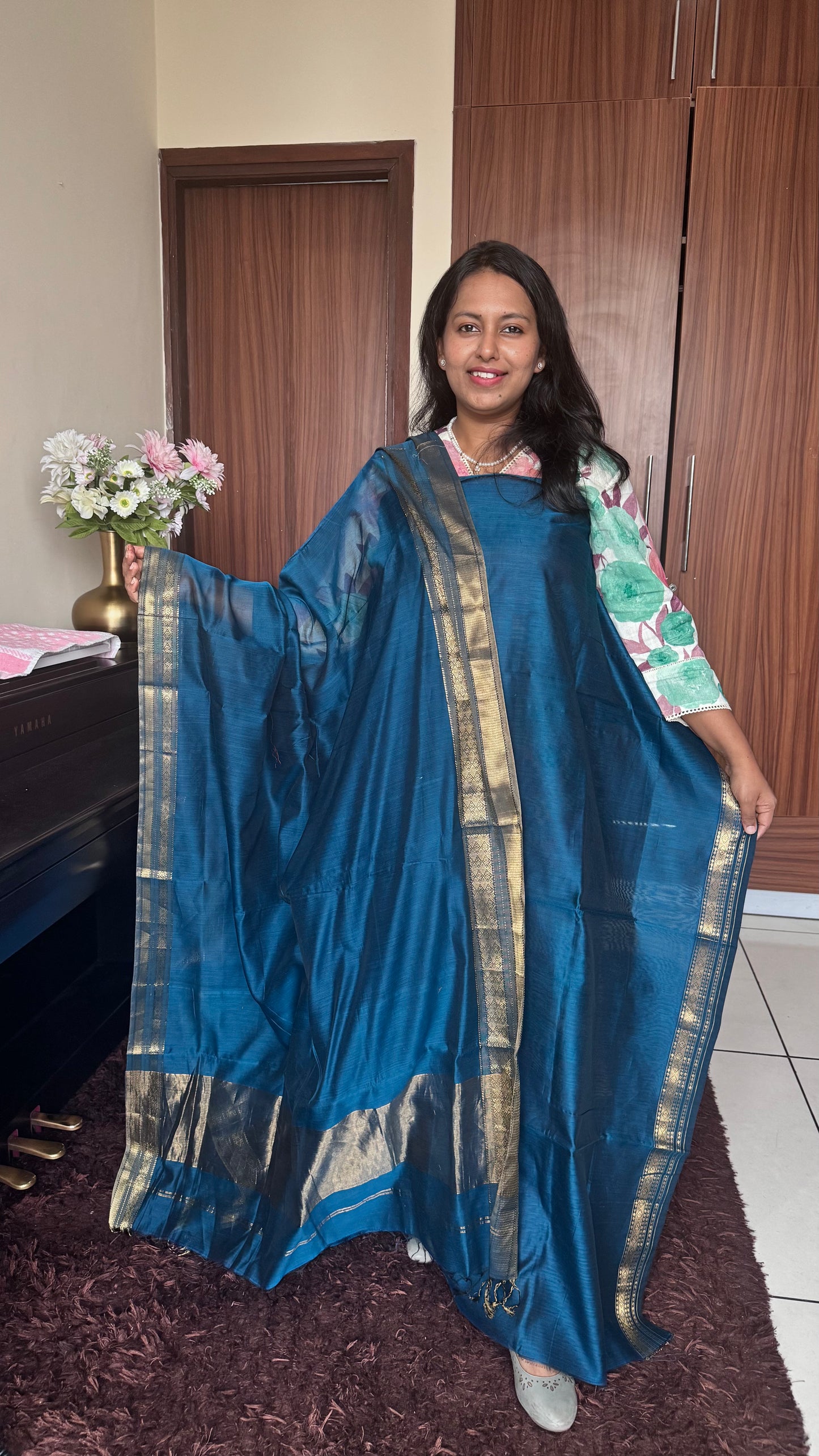 Blue Shade Handwoven Maheshwari Silk Cotton 2 Pc Suit with Dupatta