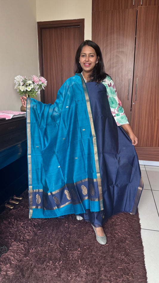Navy Blue Handwoven Maheshwari Silk Cotton 2 Pc Suit with Dupatta