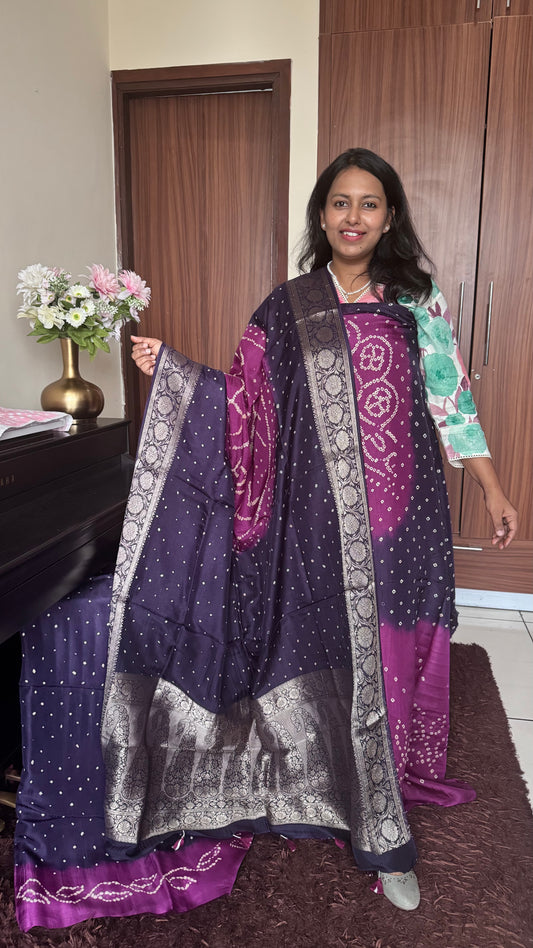 Dark Blue and Purple Bandhej Pure Dola Silk Ajrakh Hand Block Print 3 pc Suit Material Set with Menakari Yoke and Nakkashi Dupatta and Bottom