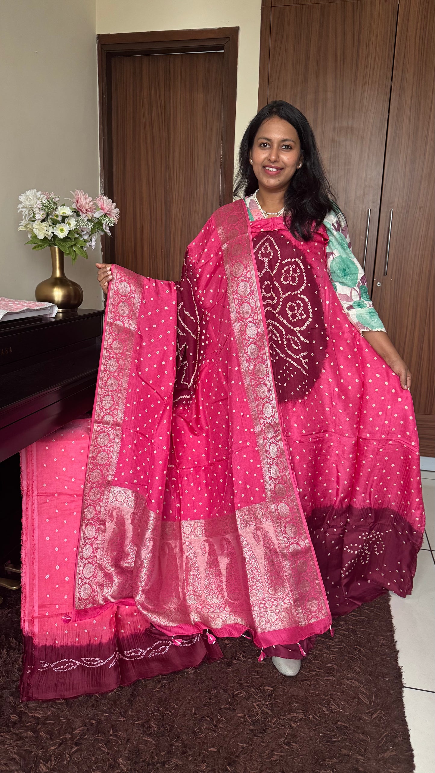Peach And Maroon Bandhej Pure Dola Silk Ajrakh Hand Block Print 3 pc Suit Material Set with Menakari Yoke and Nakkashi Dupatta and Bottom