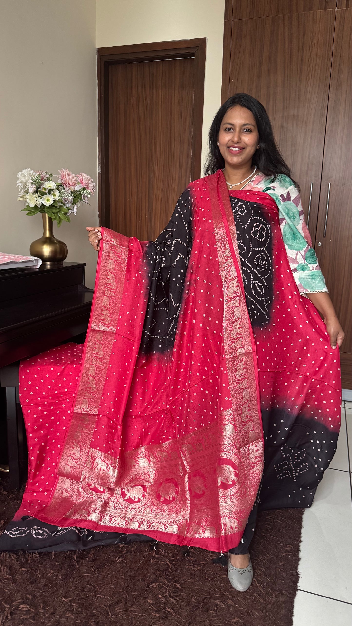 Red and Black Bandhej Pure Dola Silk Ajrakh Hand Block Print 3 pc Suit Material Set with Menakari Yoke and Nakkashi Dupatta and Bottom