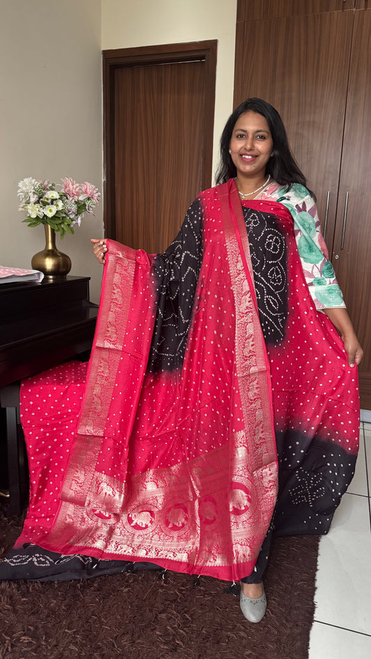 Red and Black Bandhej Pure Dola Silk Ajrakh Hand Block Print 3 pc Suit Material Set with Menakari Yoke and Nakkashi Dupatta and Bottom