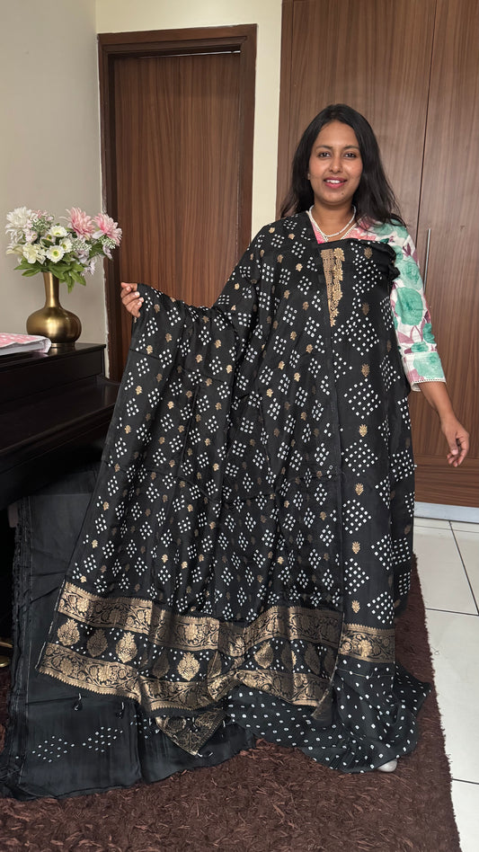 Gorgeous Black Raidana Bandhej Pure Dola Silk Ajrakh Hand Block Print 3 pc Suit Material Set with Menakari Yoke and Nakkashi Dupatta and Bottom