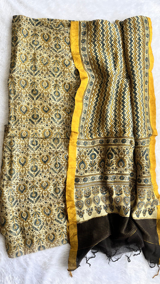 Off White Pure Ajrakh Linen 2 pc Suit Material