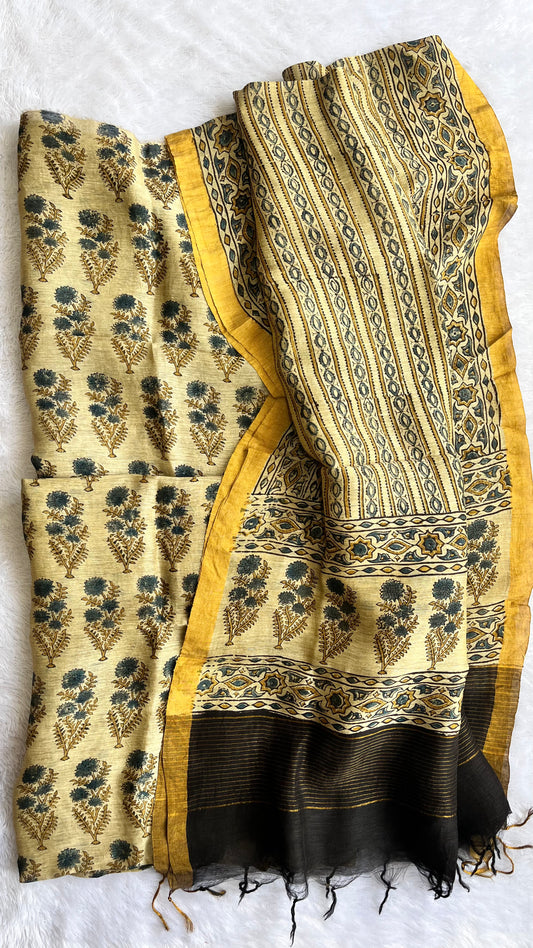 Off White Mugal Boota Pure Ajrakh Linen 2 pc Suit Material