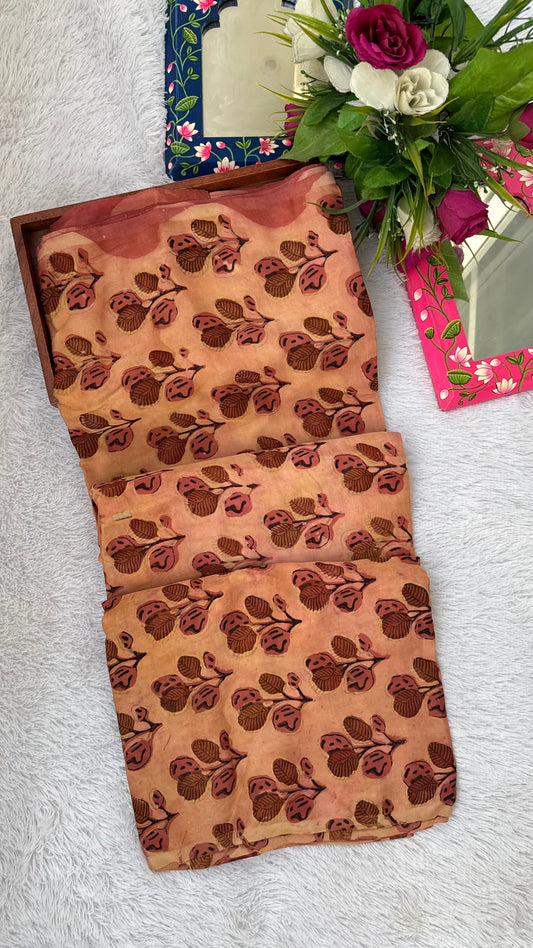 Brick Red Shade Leaf Cluster Motif Vanaspati Hand Block Print Pure Modal Silk Fabric
