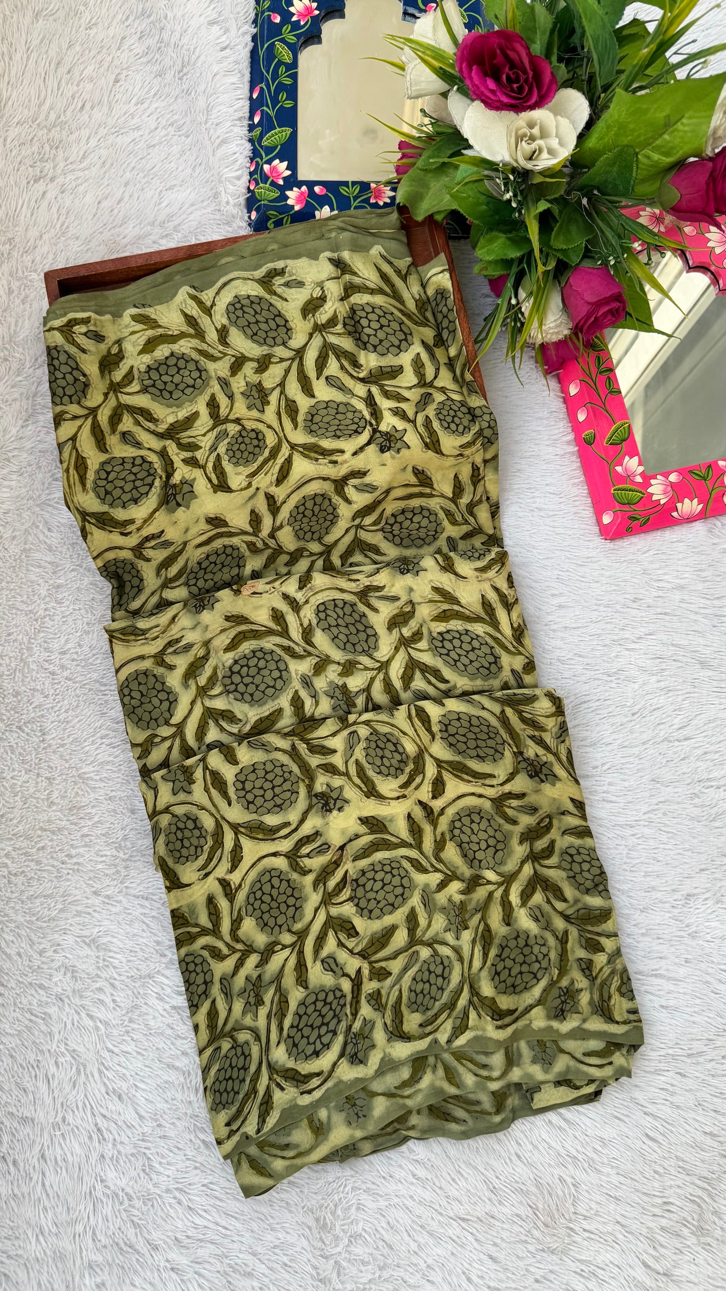 Olive Green Grape Cluster Motif Vanaspati Hand Block Print Pure Modal Silk Fabric