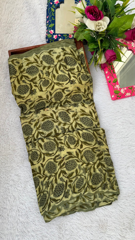 Olive Green Grape Cluster Motif Vanaspati Hand Block Print Pure Modal Silk Fabric