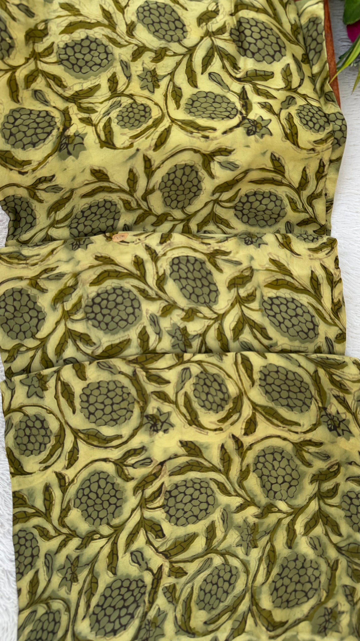 Olive Green Grape Cluster Motif Vanaspati Hand Block Print Pure Modal Silk Fabric