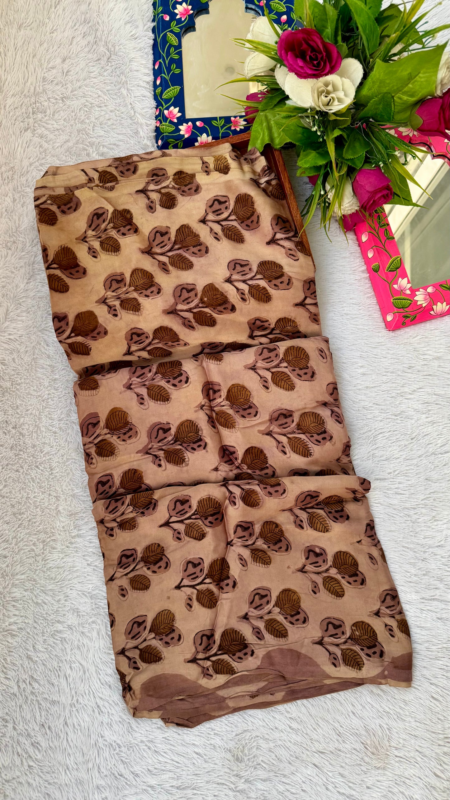 Pinkish Brown Leaf Cluster Motif Vanaspati Hand Block Print Pure Modal Silk Fabric