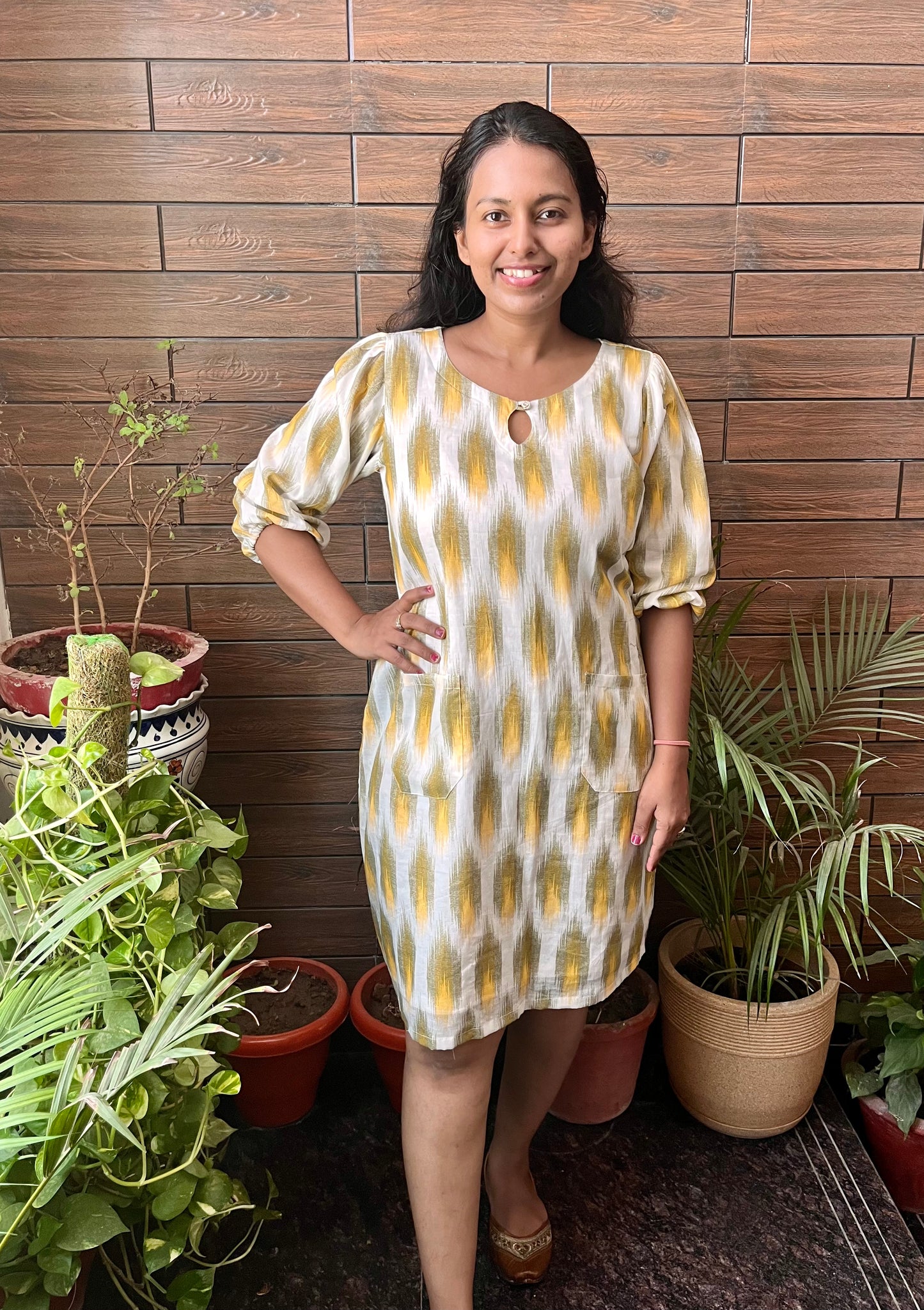 Subtle Yellow Pure Cotton Shift Dress With Front Pockets