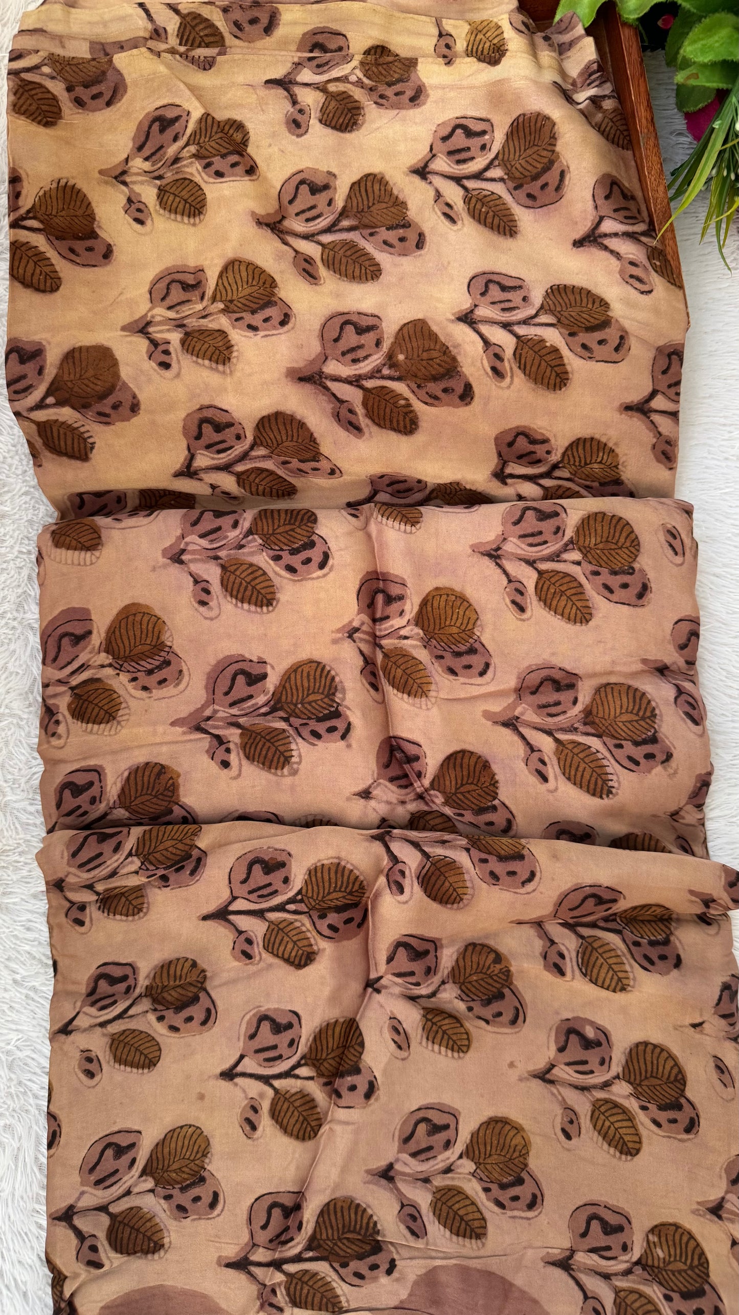 Pinkish Brown Leaf Cluster Motif Vanaspati Hand Block Print Pure Modal Silk Fabric