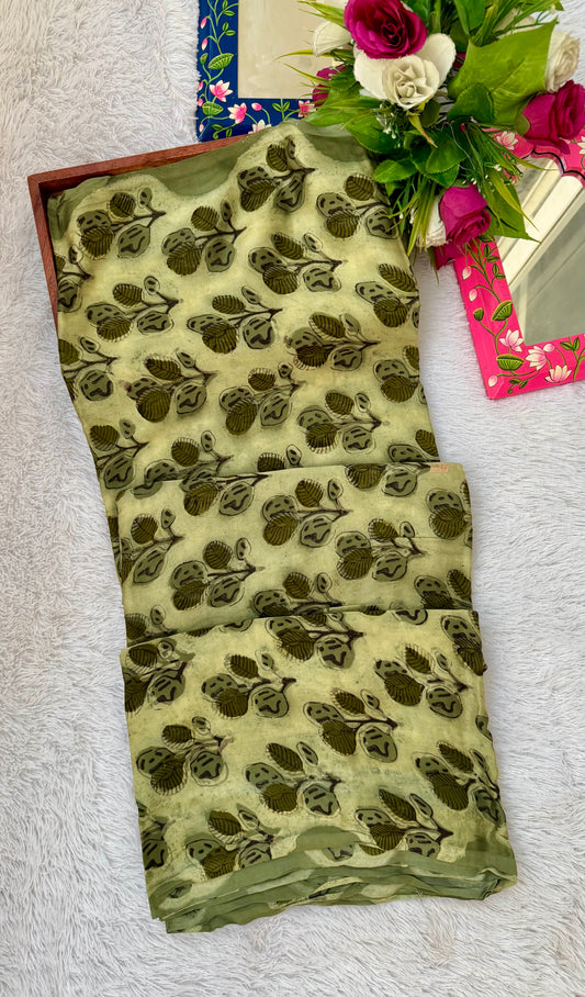 Pinkish Brown Leaf Cluster Motif Vanaspati Hand Block Print Pure Modal Silk Fabric
