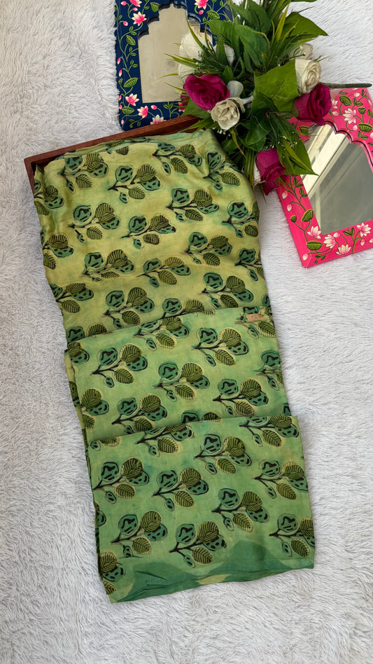 Kairi Green Leaf Cluster Motif Vanaspati Hand Block Print Pure Modal Silk Fabric