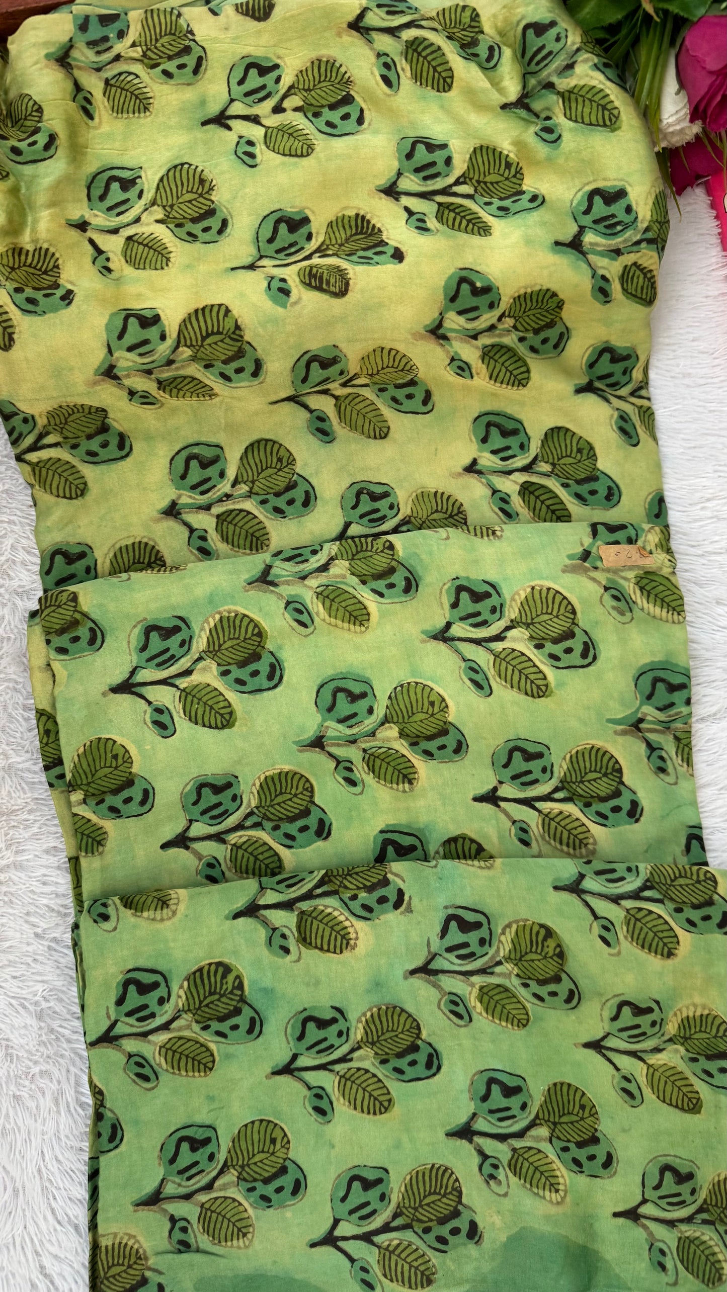 Kairi Green Leaf Cluster Motif Vanaspati Hand Block Print Pure Modal Silk Fabric