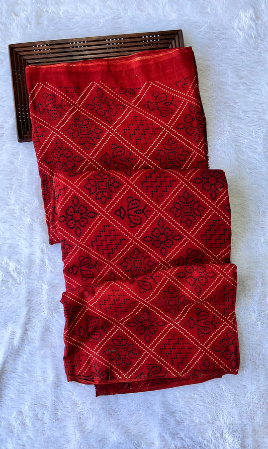 Maddar Red Chota Jaal Motif Ajrakh Hand Block Printed Natural Dyed Cotton Fabric