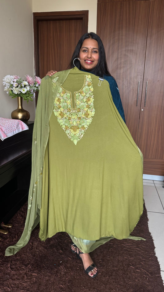 Olive Green Kashmiri Aari Embroidered 3pc Suit Set with Embroidered Muslin Dupatta