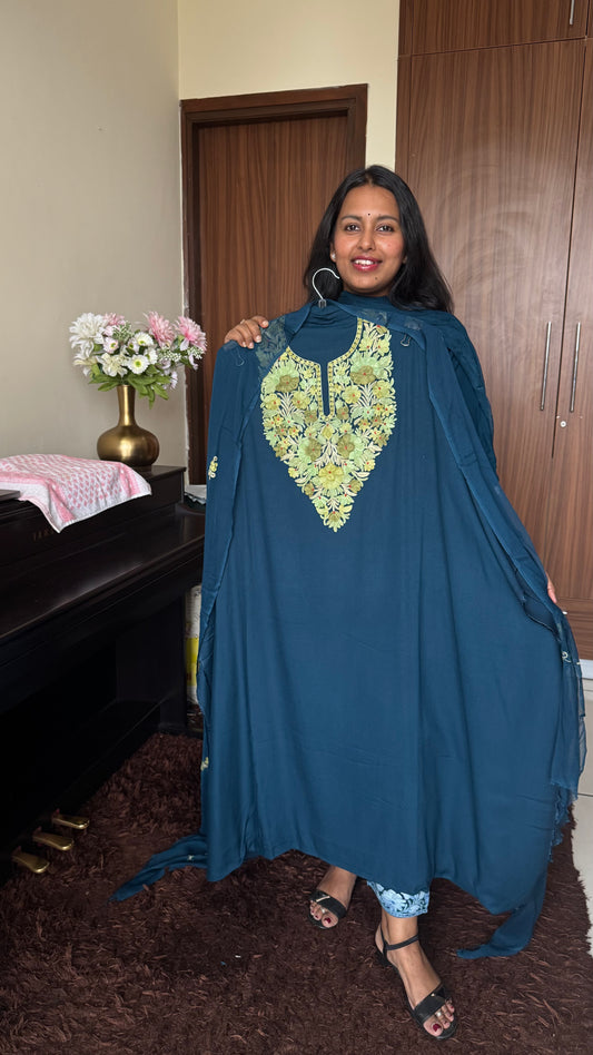 Teak Blue Kashmiri Aari Embroidered 3pc Suit Set with Embroidered Muslin Dupatta