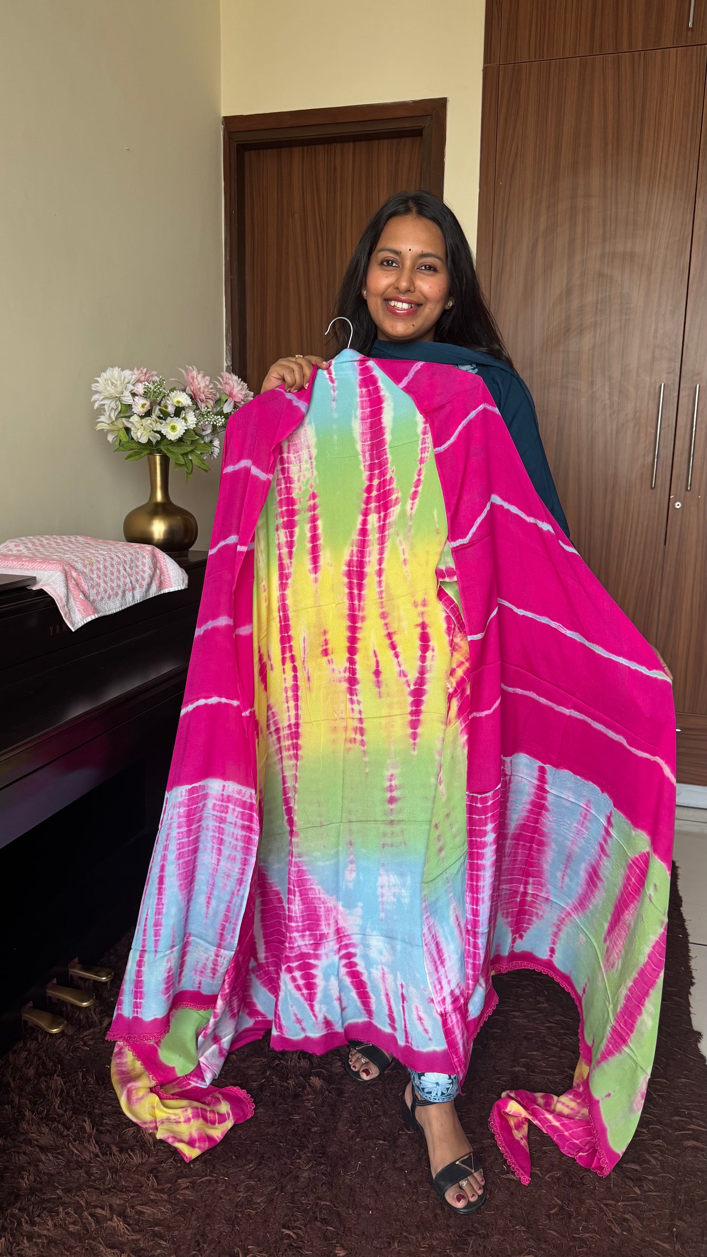 Magenta Pink Shibori Print Chinon Chiffon Suit Set with Matching Dupatta and Bottom