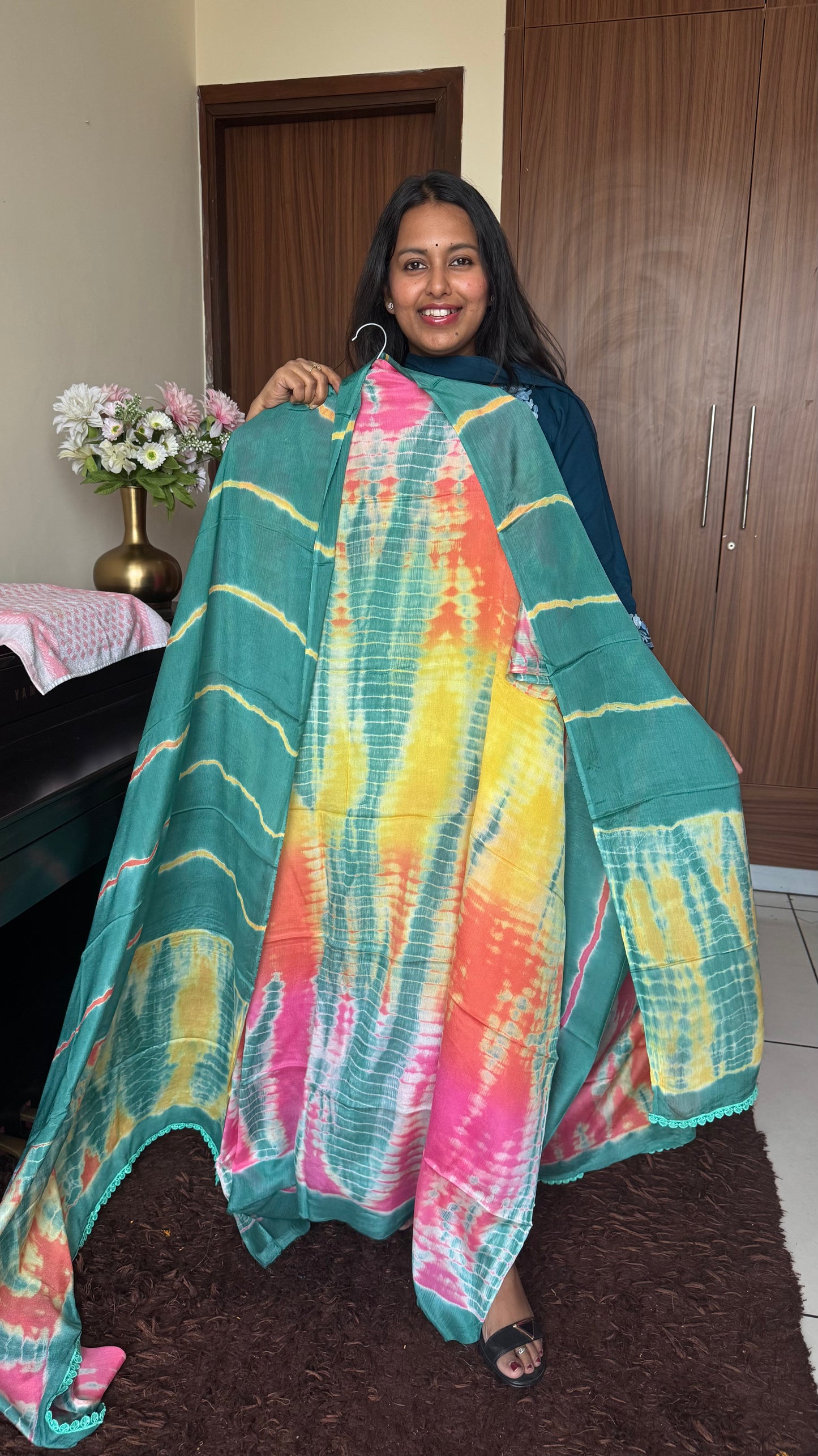 Teal Green Shibori Print Chinon Chiffon Suit Set with Matching Dupatta and Bottom