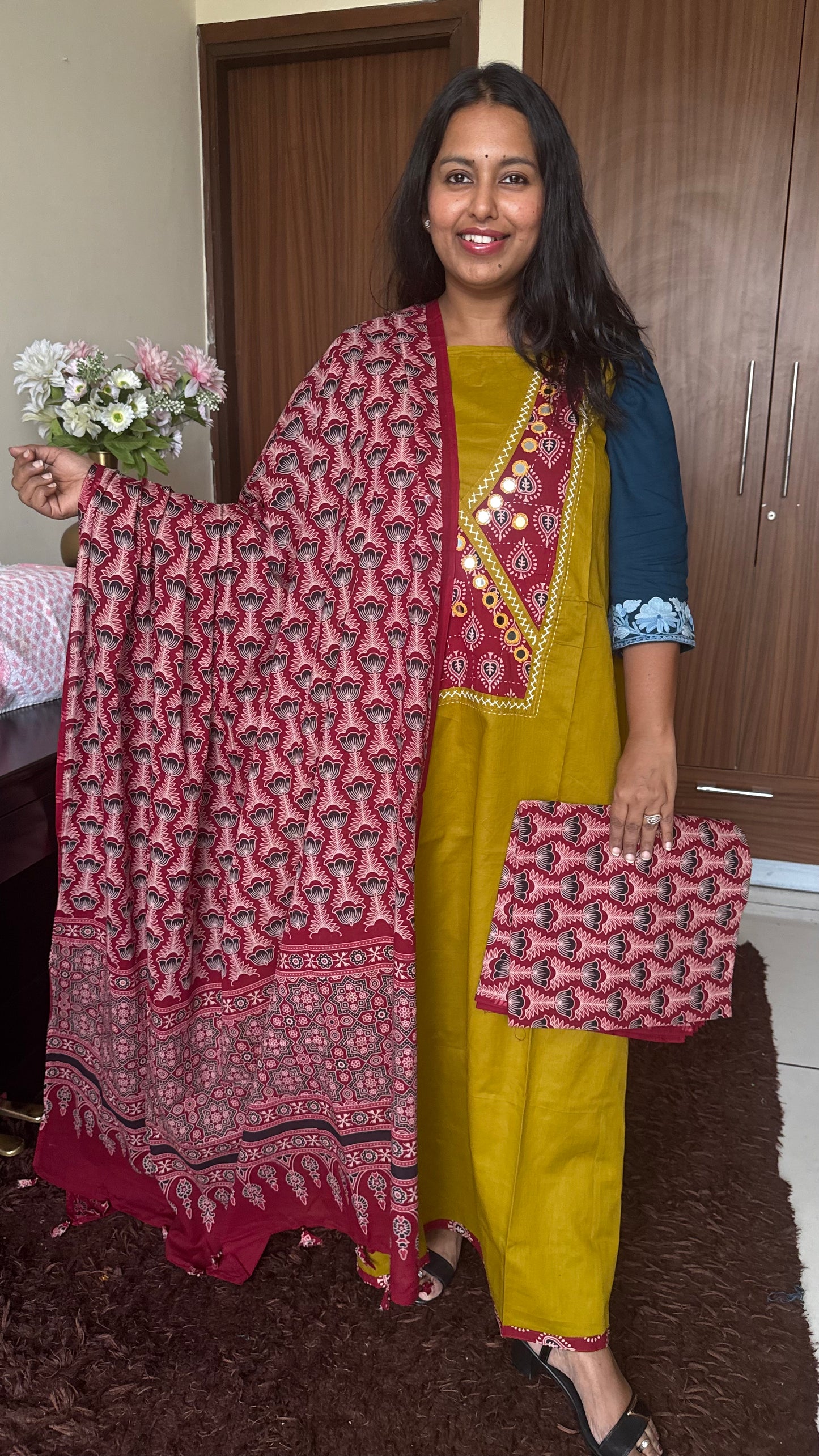 Mustard Green Cotton Suit Set with Angrakha Mirror Patchwork Yoke & Ajrakh Cotton Dupatta