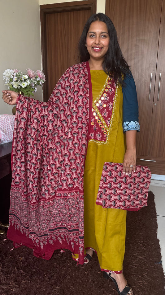 Mustard Green Cotton Suit Set with Angrakha Mirror Patchwork Yoke & Ajrakh Cotton Dupatta