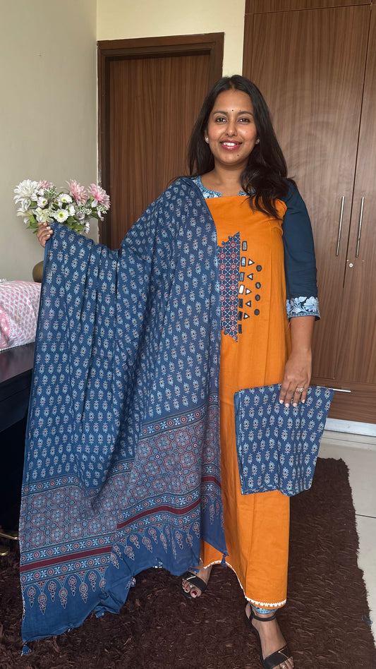 Mustard Yellow Cotton Suit Set with Angrakha Mirror Patchwork Yoke & Ajrakh Cotton Dupatta