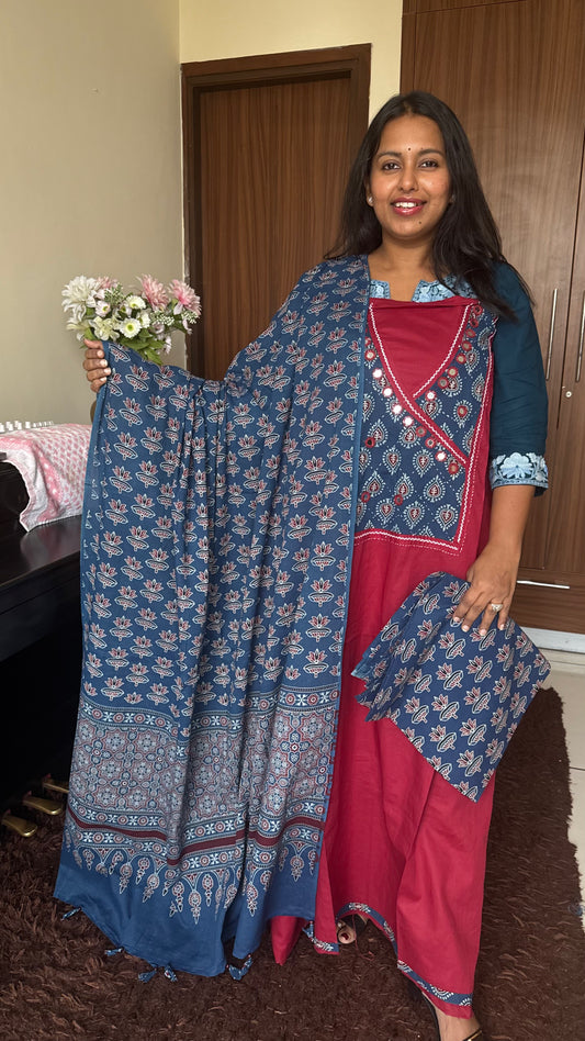 Red Shade Cotton Suit Set with Angrakha Mirror Patchwork Yoke & Ajrakh Cotton Dupatta
