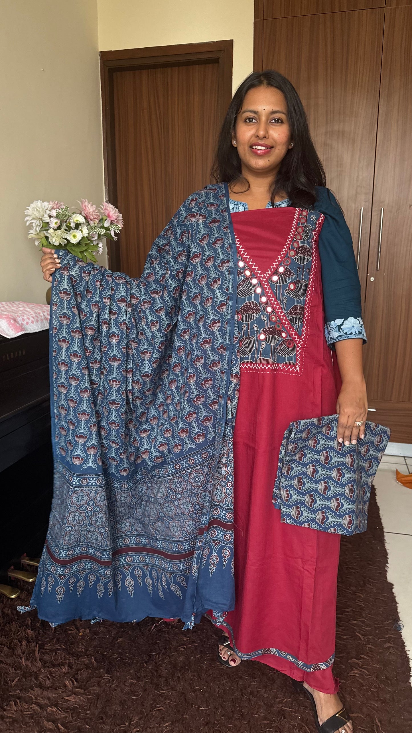 Red Shade Cotton Suit Set with Angrakha Mirror Patchwork Yoke & Ajrakh Cotton Dupatta