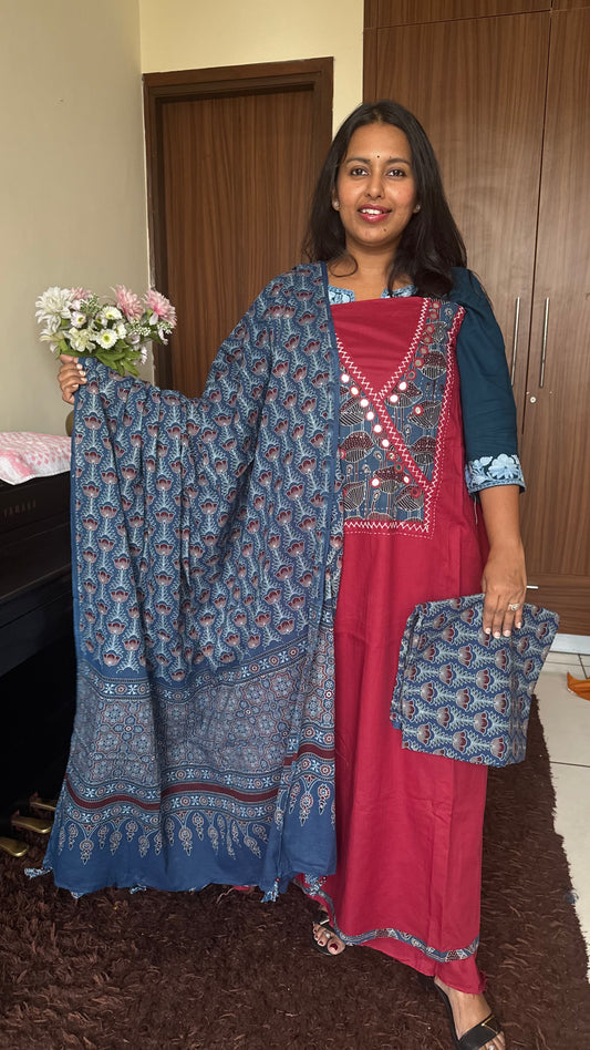 Red Shade Cotton Suit Set with Angrakha Mirror Patchwork Yoke & Ajrakh Cotton Dupatta