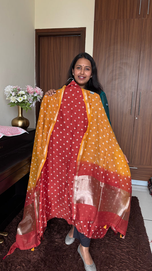 Red Shade Mul Chanderi Bandhej Kurta Dupatta with Matching Bottom