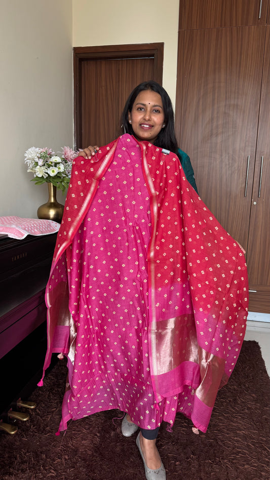Pink Shade Mul Chanderi Bandhej Kurta Dupatta with Matching Bottom