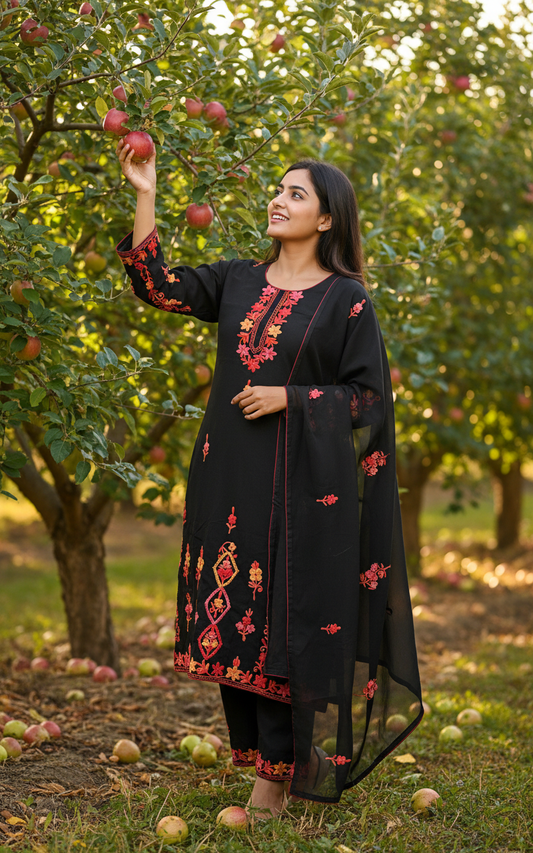 Ravishing Black Georgette Kashmiri Work Suit Set with Matching Duaptta