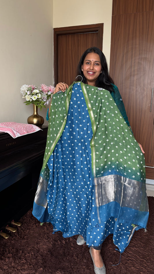 Blue Shade Mul Chanderi Bandhej Kurta Dupatta with Matching Bottom