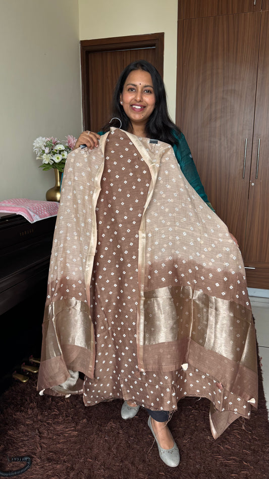 Coffee Brown Mul Chanderi Bandhej Kurta Dupatta with Matching Bottom