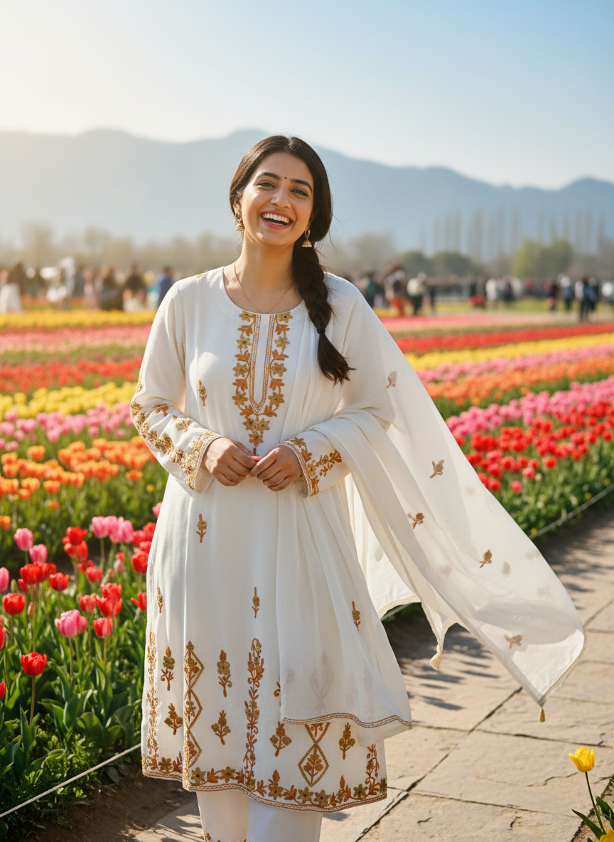 Pearl White Georgette Kashmiri Work Suit Set with Matching Duaptta
