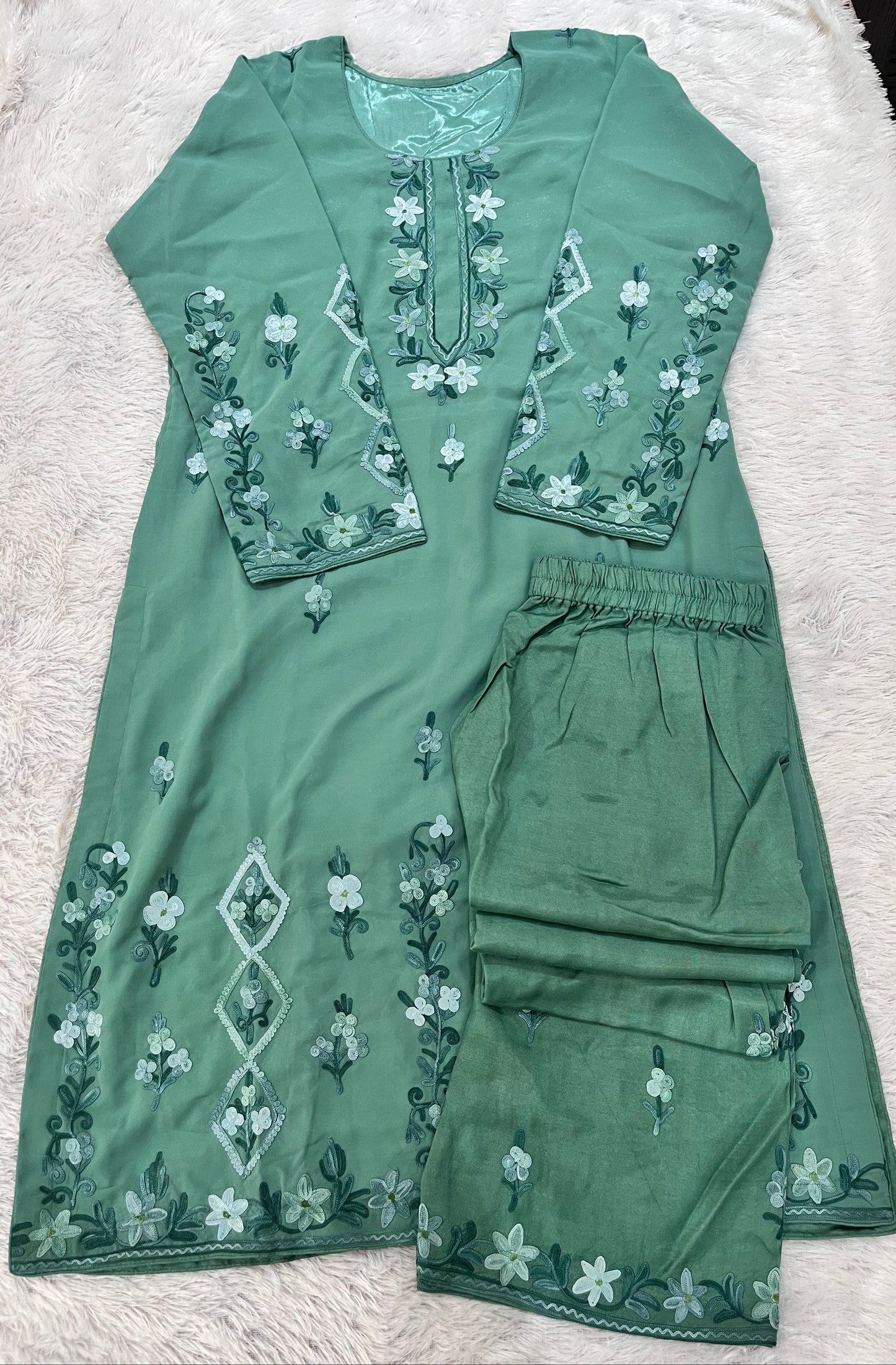 Sage Green Georgette Kashmiri Work Suit Set with Matching Duaptta